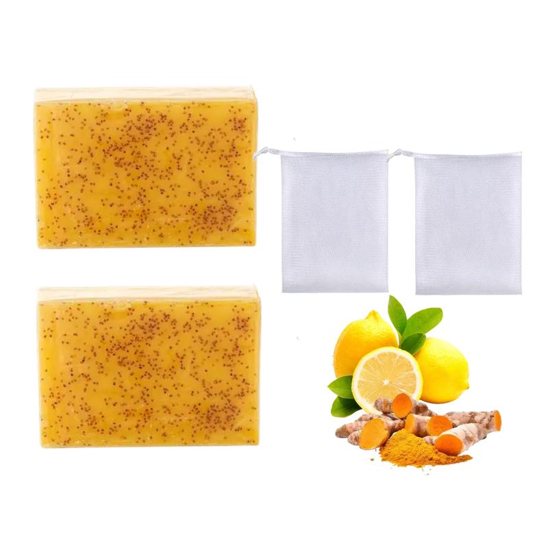 Turmeric & Kojic Acid Soap – Brightening Lemon Body Wash & Facial Cleanser for Even Skin Tone, Natural Skin Care for Dark Spots, Skin Repair & Hydration – Includes Soap Saver Bag