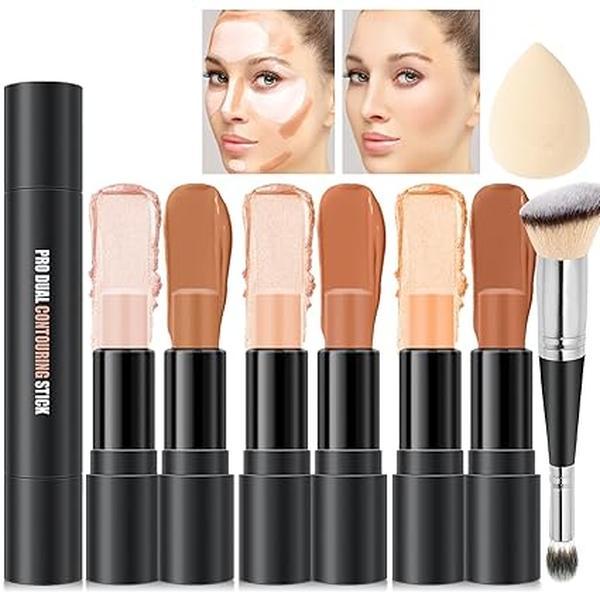 6 Colors Cream Contour Sticks Makeup Kit, Primer Face Highlighter Contouring for Beginners, Highlight and Contour Kit, Cream Concealer Makeup Blur Stick, Primer Face Corrector