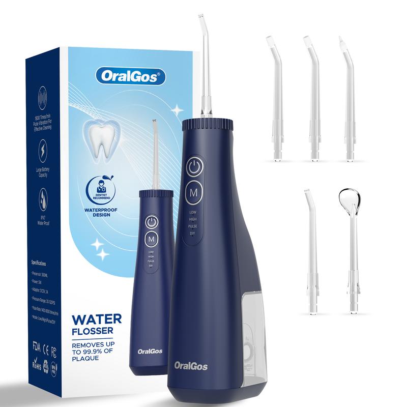 OralGos Water Dental Flosser Teeth Pick, Portable Cordless Oral Irrigator with 3+8 Cleaning Modes, Waterproof Electric Water Flosser with 6 Replaceable Nozzles and Dustproof Bag