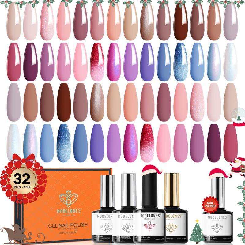 Modelones 32 PCS Gel Nail Polish Kit, 28 Colors Gel Polish Set Nail Art with 28 Colors, Glossy & Matte Top Coat, Bond Primer – Perfect DIY Salon-Worthy Manicure