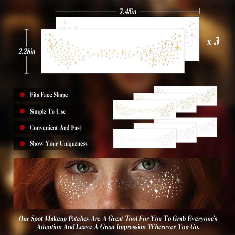 Glitter Freckles Face Tattoo 6 Sheets Face Makeup Patches Gold & Silver Star Fake Freckles Cute Glitter