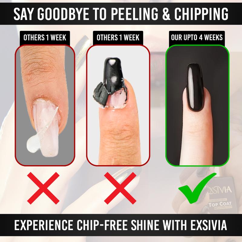 EXSIVIA Nail Gel Top Coat and Base Coat Strengthener, Vitamin E Infused High Endless Glossy Shine, No Wipe, Chip Resistant, Soak Off LED UV Lamp