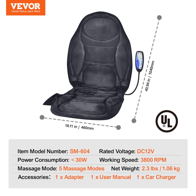 VEVOR Massage Seat Cushion with Heat, 6 Vibration Motors Seat Massage Pad, Vibrating Massage Chair Mat with 5 Mode & 4 Intensities, 2 Heating Pads for Home Office, Fatigue Stress Relief for Back, Hips Durable Therapy