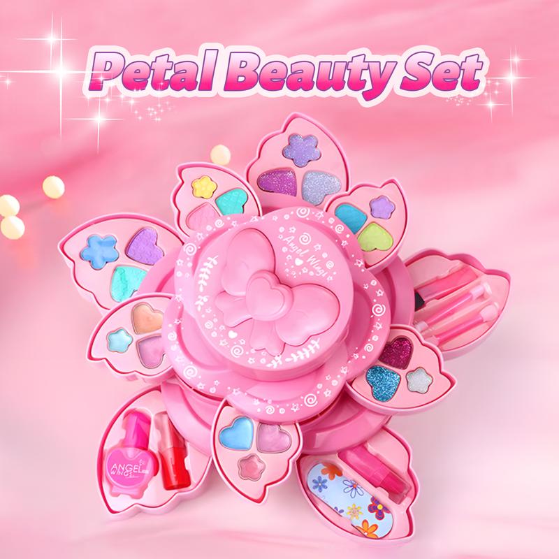 Pink Petal-Shaped Makeup Box for children aged 3, 4, 5, 6 + Children's Makeup Tools