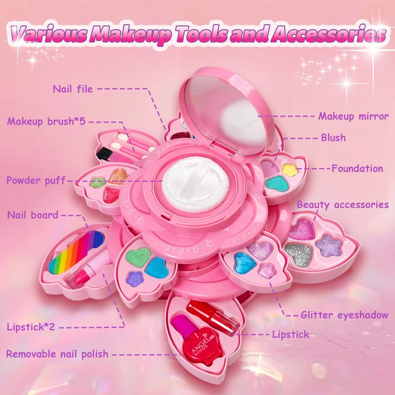 Pink Petal-Shaped Makeup Box for children aged 3, 4, 5, 6 + Children's Makeup Tools