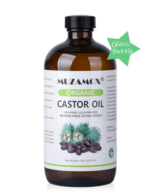 Castor Oil Organic Cold Pressed Unrefined Glass Bottle for Hair Growth, Thicker Eyelashes, Skin Care, and Promote Overall Wellness with Castor Oil Packs - 16 Fl Oz