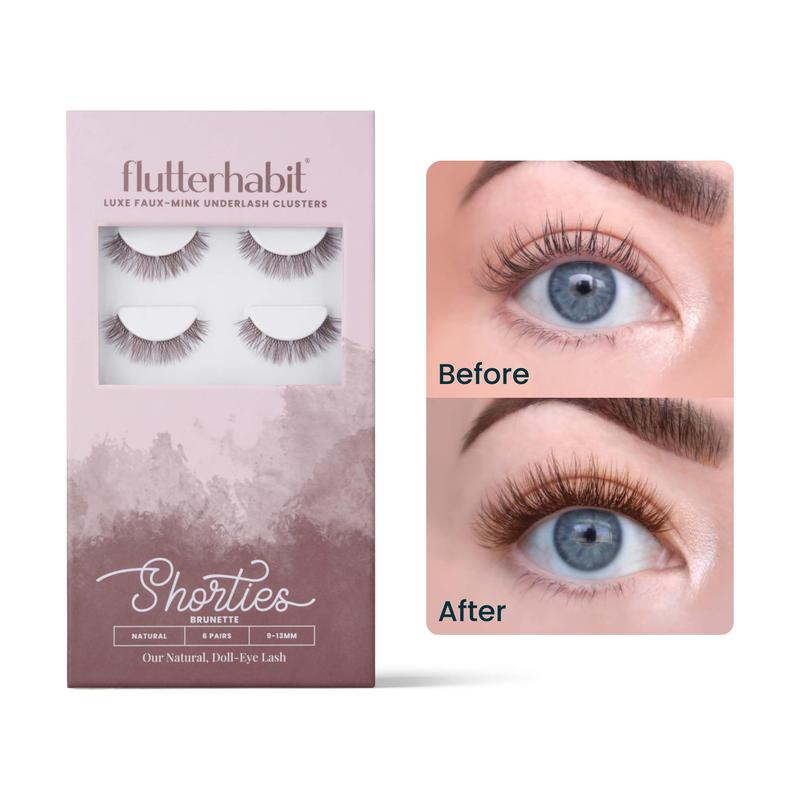 FlutterHabit Shorties pack of 6 DIY false Eyelash Extensions. Under lash application method. Long-wearing - lightweight - natural looking lashes - Natural and classic style. Adhesive sold separately