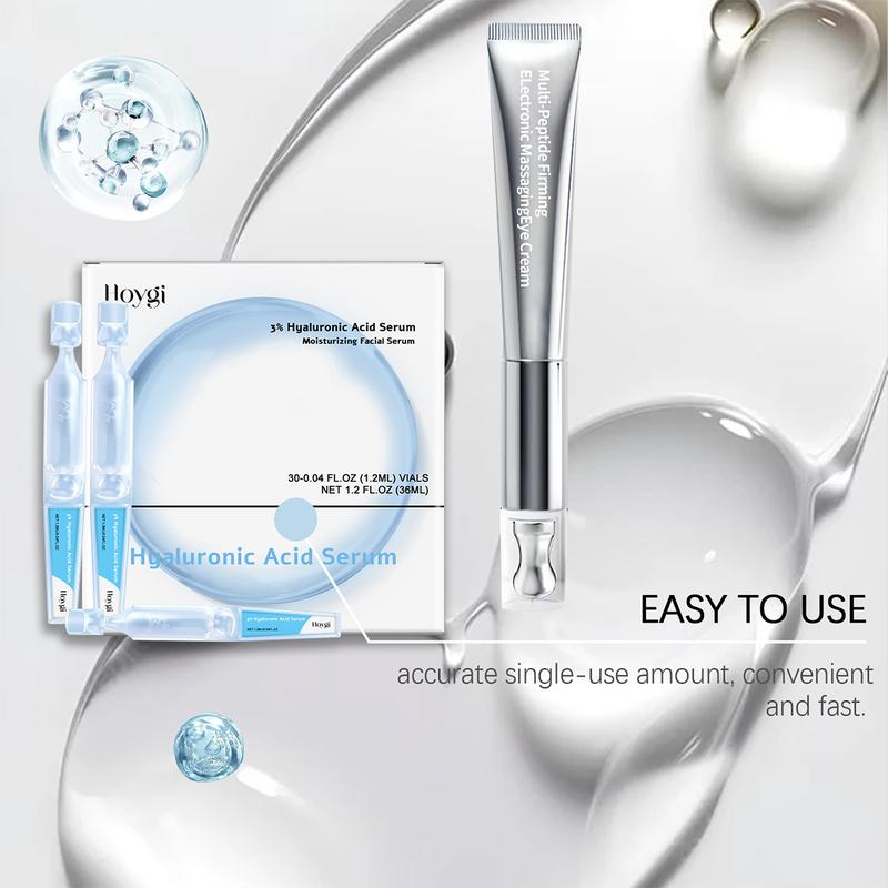 Hyaluronic Acid Tubes, 3% Hyaluronic Acid Serum Ultra-Hydrating Vials, Wrinkle Eraser Massaging Eye Cream and Ultra Hydrating Serum, Skin care Deep Moisturizing Facial Serum