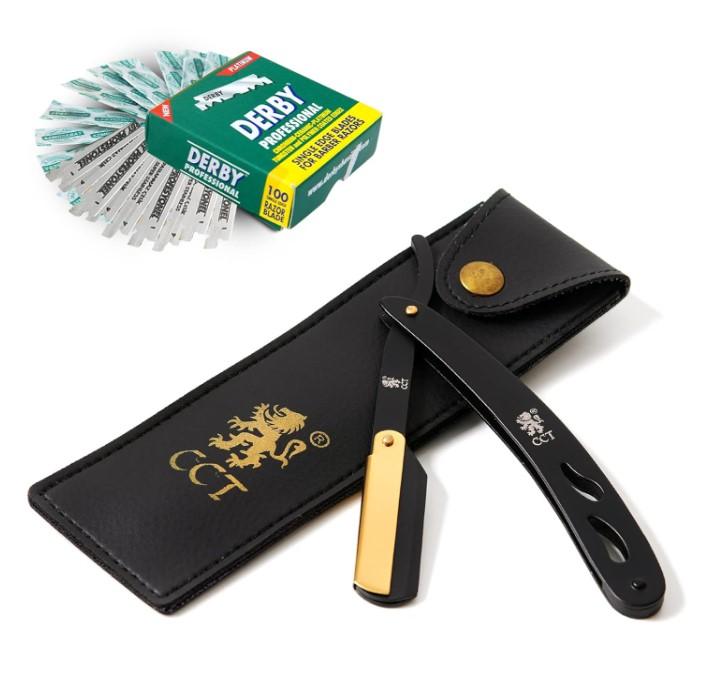 The Cambridge Cutthroat Cut Throat Razor Kit with Travel Pouch - Black and Gold Stainless Steel Professional Barber Razor Men - Single Blade Straight Edge Razor - Moustache Shaver & Beard Shaper