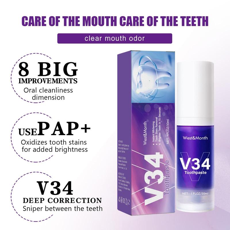 V34 Purple Toothpaste forTeeth Whitening ,Purple Toothpaste Whitening,smilekit V34 ColorCorrector Serum, Stain Removing smilekit 30-90ML Oral Restore