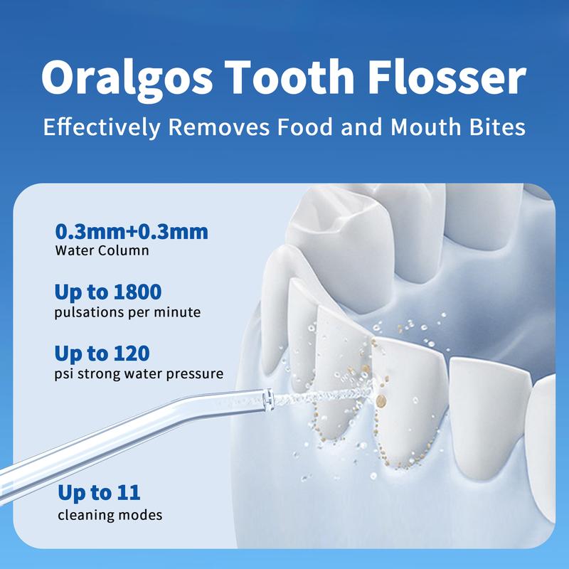 OralGos Water Dental Flosser Teeth Pick, Portable Cordless Oral Irrigator with 3+8 Cleaning Modes, Waterproof Electric Water Flosser with 6 Replaceable Nozzles and Dustproof Bag