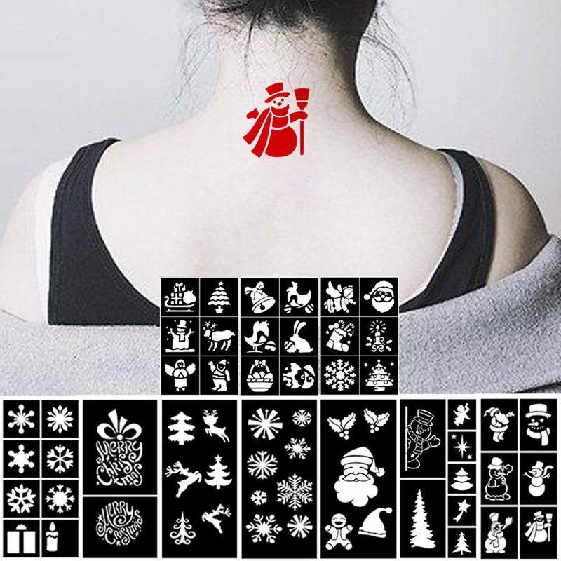 Christmas Festival Themed Temporary Tattoo Stencil, 10 Sheets set Glitter Airbrush DIY Body Art Stencil, Body Art Decoration for Holiday Parties Cosplay