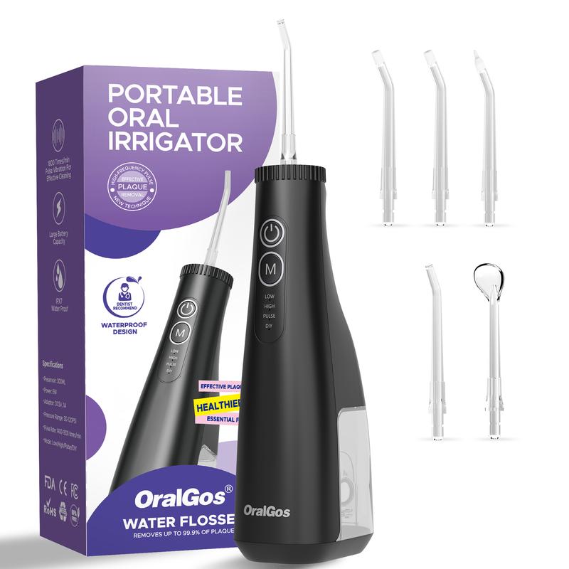 OralGos Water Dental Flosser Teeth Pick, Portable Cordless Oral Irrigator with 3+8 Cleaning Modes, Waterproof Electric Water Flosser with 6 Replaceable Nozzles and Dustproof Bag