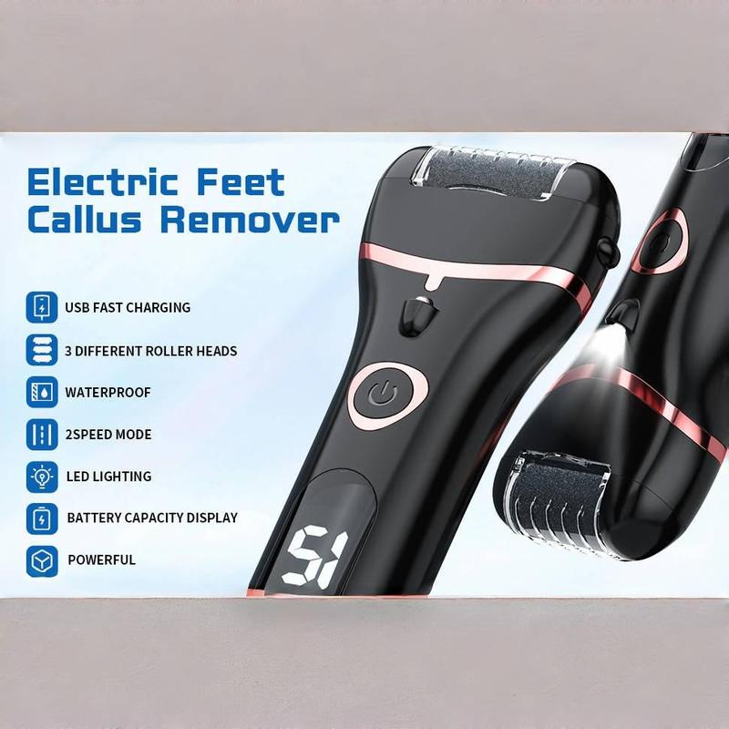 Electric Foot Dead Skin Remover, 1 Set Rechargeable Portable Electronic Foot File with 3 Rollers, Waterproof Foot Scrubber, Professional Foot Care Tool