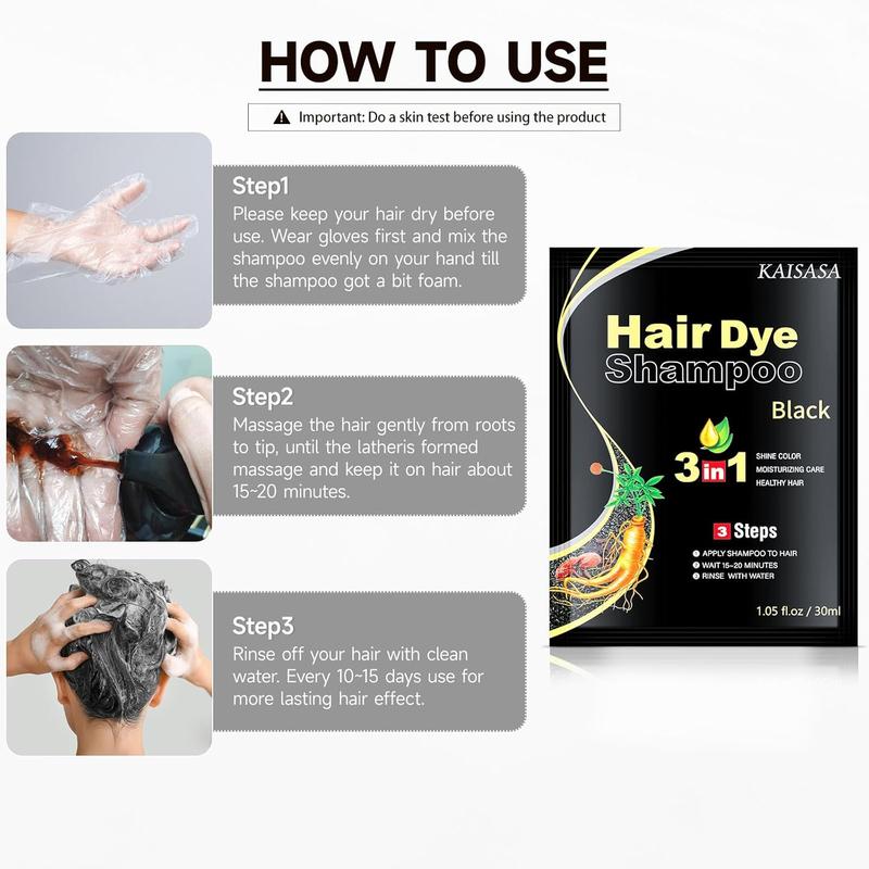 KAISASA 3 in 1 Hair Dye Shampoo-Travel Portable,Individually wrapped，Contains Ginseng Extract,Natural Haircoloring,Plant Haircare, black hairdye,Salon