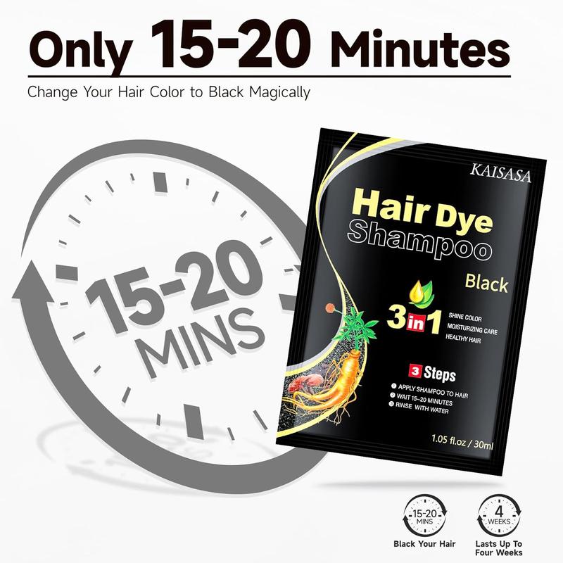 KAISASA 3 in 1 Hair Dye Shampoo-Travel Portable,Individually wrapped，Contains Ginseng Extract,Natural Haircoloring,Plant Haircare, black hairdye,Salon