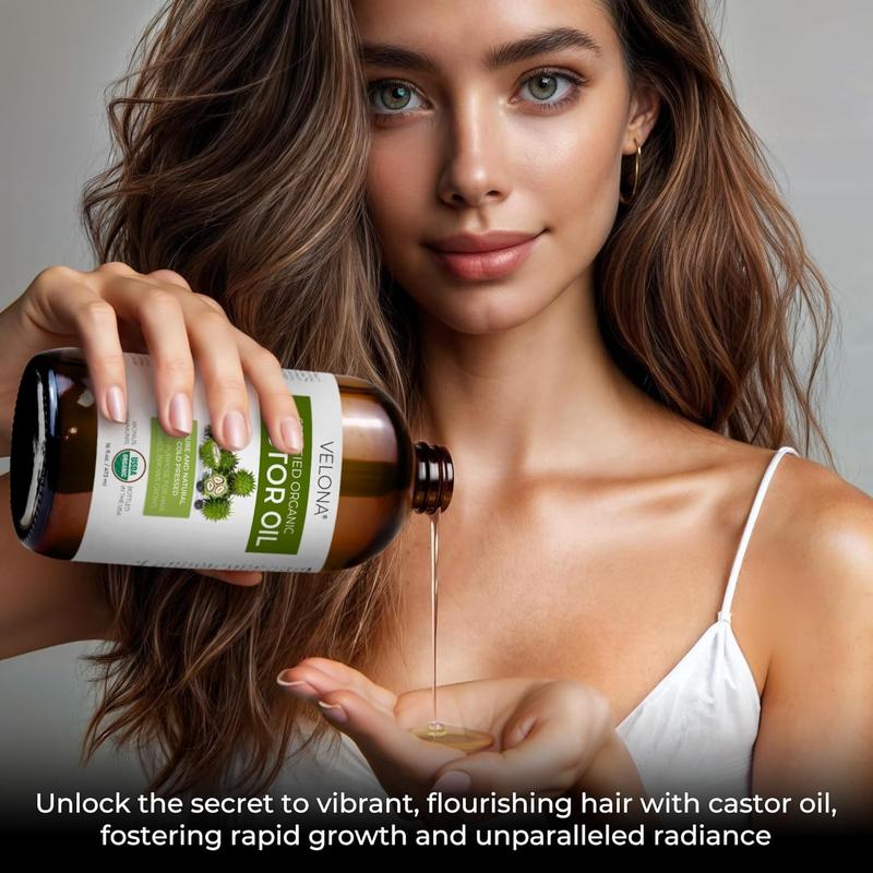 velona USDA Certified Organic Castor Oil - 16 oz in Glass Bottle | For Hair Growth, Boost Eyelashes, Eyebrows | Cold pressed, Natural Oil, USP Grade | Hexane Free, Lash Serum, Caster