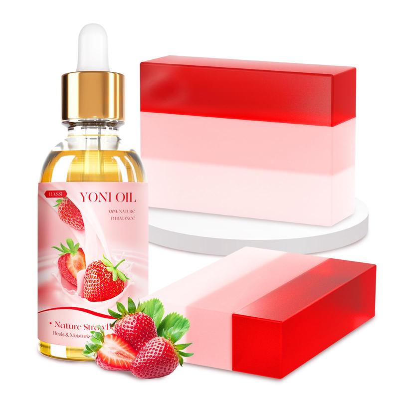 Yoni Soap Bars & Natural Yoni Oil Set, Natural Yoni Oil Vaginal Wash for Women Feminine Wash Vaginial Deodorants pH Balance, Eliminates Odor, Strawberry Feminine Oil 30ml 1 oz, 2pcs 3.53 oz Bath Soap