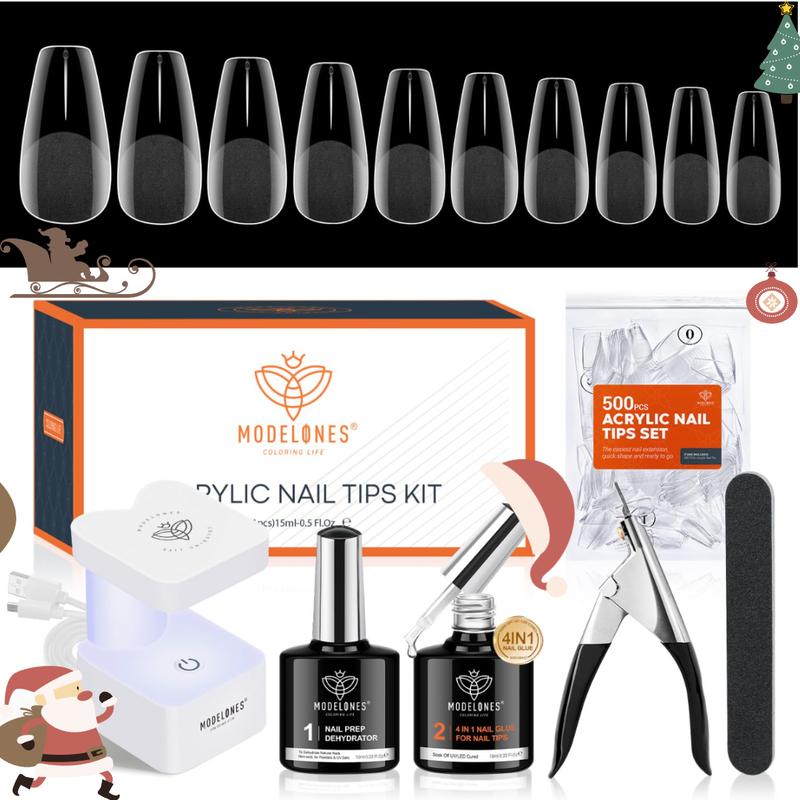 Modelones Nail Tips Kit 500Pcs Soft Gel Nail Tips 4 In 1 Nail Glue with uv lamp nail-clipper dehydrate Christmas gifts GEL-X at home Extension Set Manicure Nail Art home DIY new year gift diy starter all-in-one kits