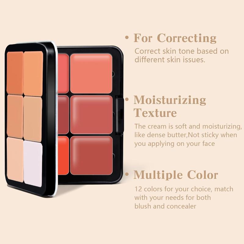 12 Colors Cream Blush Palette, Color Correcting Concealer Foundation Palette, Long Wearing Smudge Proof Blendable Matte Finish Blush Powder Highlighter and Cream Contour Palette Makeup (01)