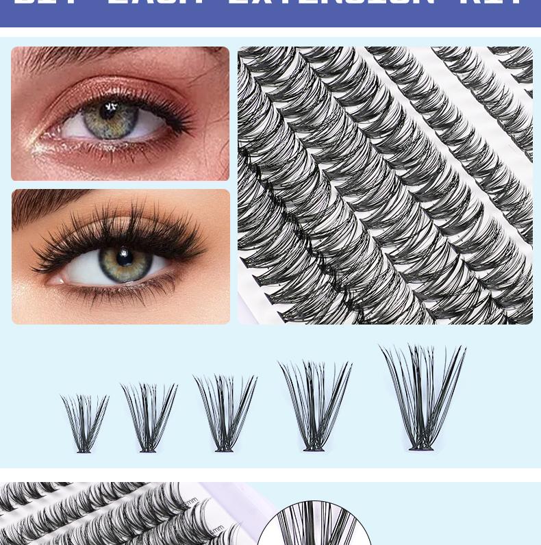 DIY Eyelash Extension Kit 240 Eyelash Set Kit Individual Eyelashes Natural 9-17mm C D Curl Kit, Fine Band Cluster Eyelash Adhesive & Sealant & Eyelash Tweezers, Eyelash Curler Kit, Applicator for Beginners  mega Makeup Cosmetic Eyelashes Extensions