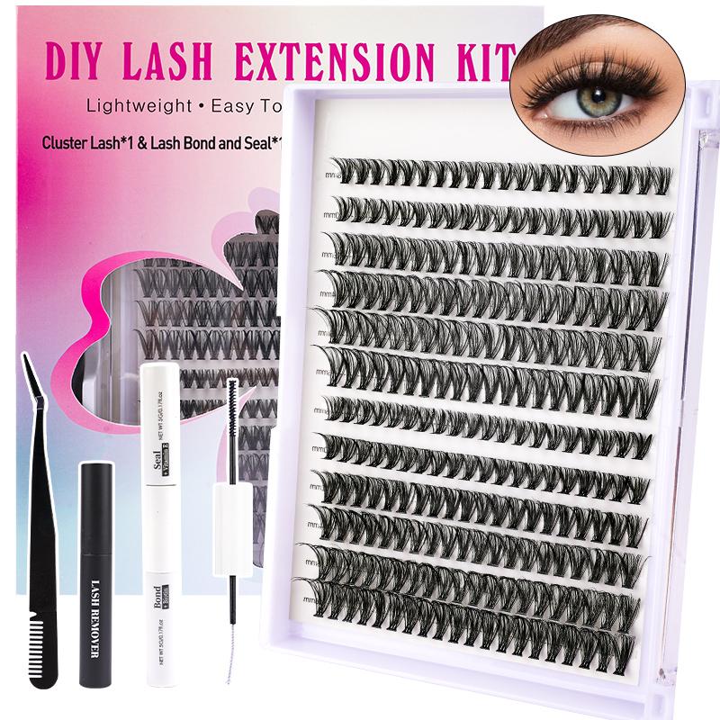 DIY Eyelash Extension Kit 240 Eyelash Set Kit Individual Eyelashes Natural 9-17mm C D Curl Kit, Fine Band Cluster Eyelash Adhesive & Sealant & Eyelash Tweezers, Eyelash Curler Kit, Applicator for Beginners  mega Makeup Cosmetic Eyelashes Extensions