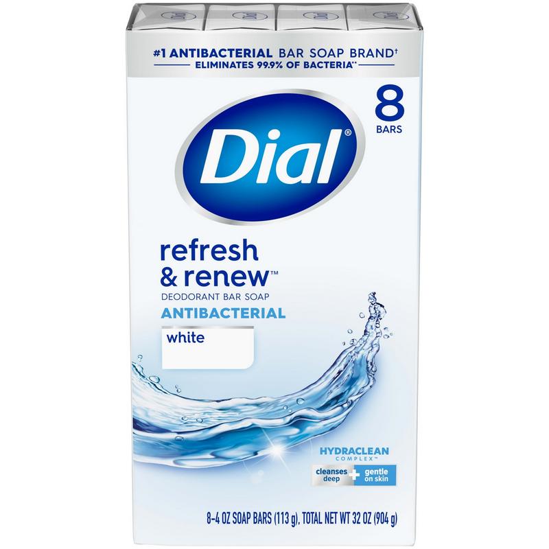 Dial Antibacterial Bar Soap, Refresh & Renew, White, 4 oz, 8 Bars (PREESHIP)