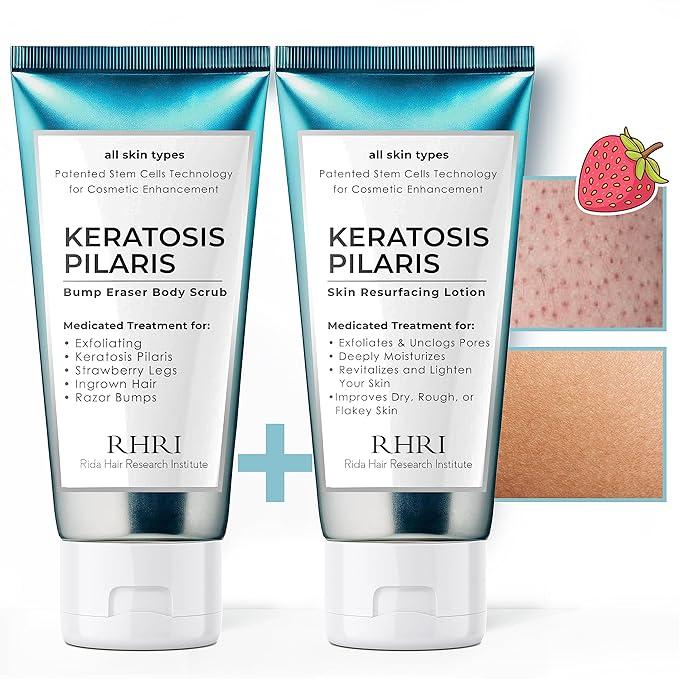 Rida Hair Research Institute KP Bump Eraser Body Scrub + Keratosis Pilaris Lotion Bundle Set, Strawberry Legs Treatment for Women, Bump Eraser Body Scrub, Keratosis Pilaris, Body Scrub for Strawberry Legs