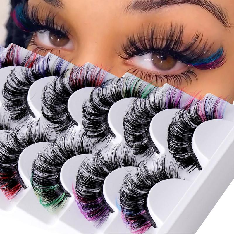 Colorful Wispy Cat Eye Look Faux Cluster Lashes, 7 Pairs Fluffy False Eyelashes, Natural Curling Eye Makeup Strip Lashes, Full Volume Eyelash for Lashes Extension, Christmas Gift