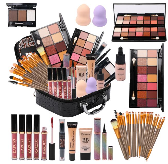 All in One Makeup Kit for Makeup storage bag 2X14 Colors Eyeshadow Palette Liquid Foundation Eyeliner Pencils Contouring Stick Lip Gloss Eyebrow Pencils 20Pcs Makeup Brushes etc For Women Girls Teens (Black) Cosmetic Matte Powder Silky