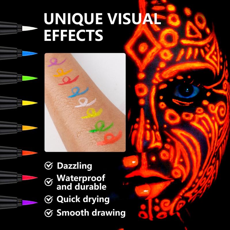 Fluorescent Body Paint Marker Pen, 8 Counts set Long Lasting Glow Eye Liner Pen, Professional Eye Makeup Tool for Women & Girls, Christmas Gift