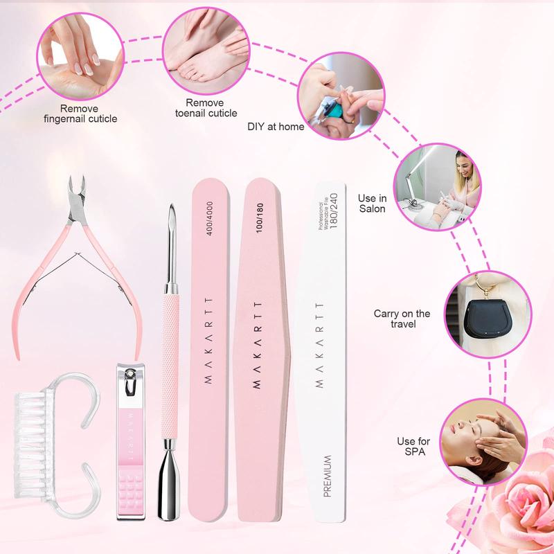 Makartt Nail File and Buffer, Pink Basic Nail Prep Kit with Cuticle Trimmer, Beginner Manicure Kit Nail Care Kit with Cuticle Clipper, Cuticle Trimmer and Nail Brush for Natural Acrylic Nails(7pcs) Nail Art