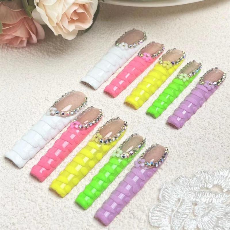 Rhinestone Decor Colorful Fake Nails, 10pcs set Long Square Press on Nails for Women & Girls DIY Nail Art, Elegant Stick on Nails Kit