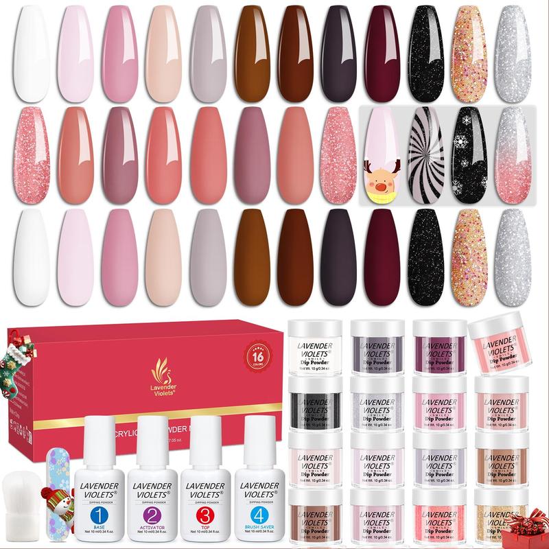 Nail Dip Powder Liquid Set, 16 Colors Nail Dip Powder & 4 Counts Dip Liquid Set with Base Top Coat Activator Brush Saver for Home Salon Nail Art Design