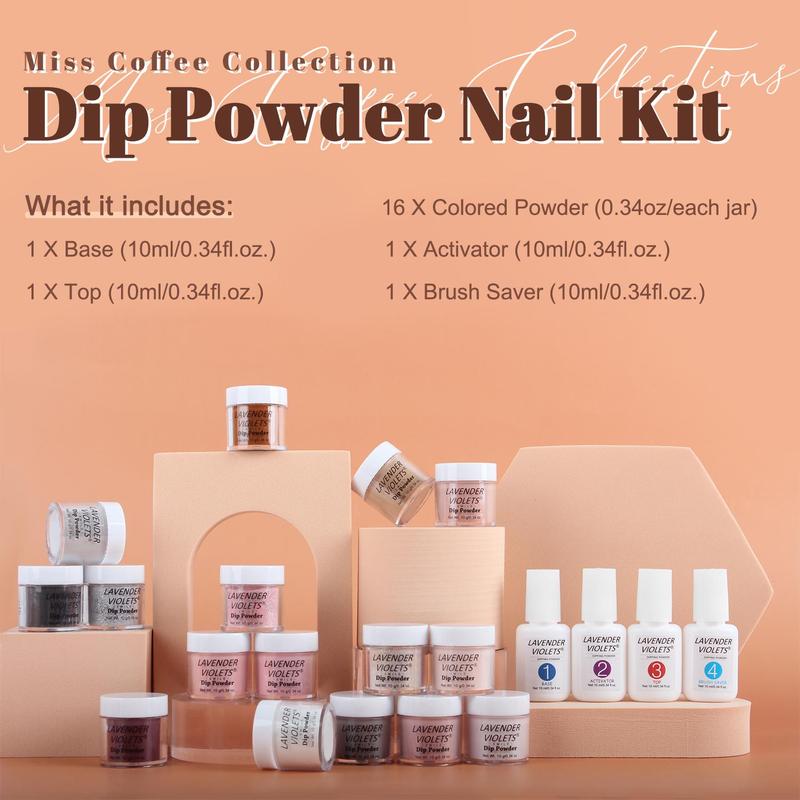 Nail Dip Powder Liquid Set, 16 Colors Nail Dip Powder & 4 Counts Dip Liquid Set with Base Top Coat Activator Brush Saver for Home Salon Nail Art Design