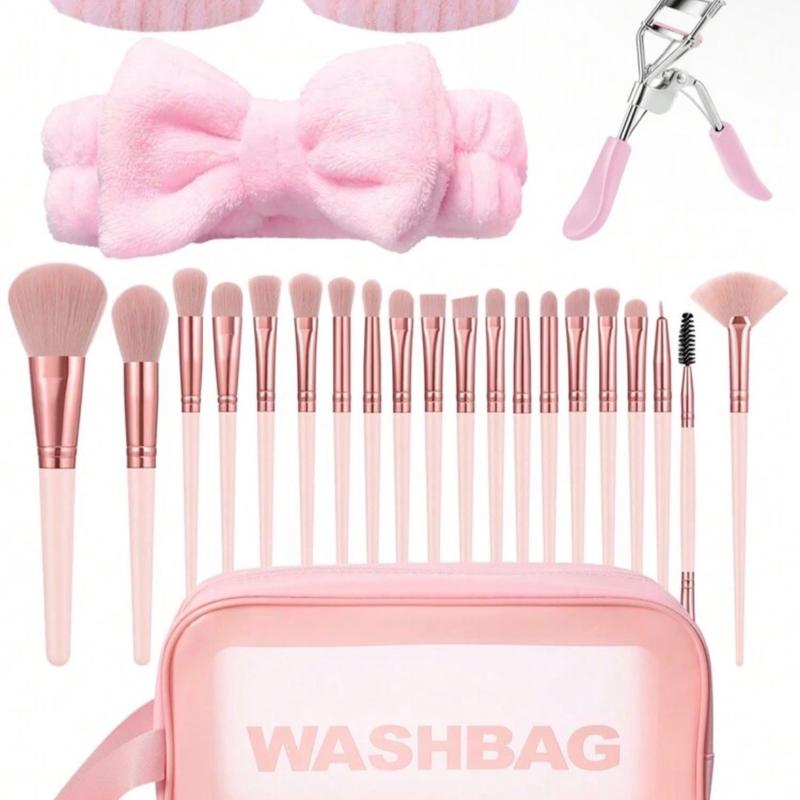 Ultimate Pink Makeup Kit with 20pcs Brush Sets, 6pcs Sponges, and Triangle Powder