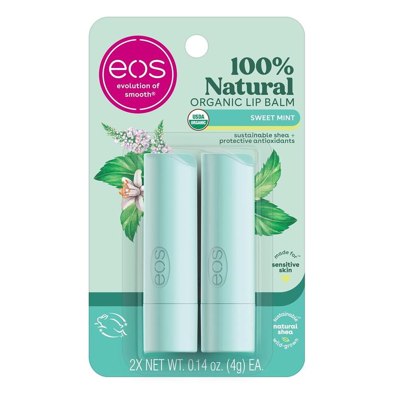 eos 100% Natural & Organic Lip Balm Sticks- Sweet Mint, All-Day Moisture, Dermatologist Recommended for Sensitive Skin, 0.14 oz, 2-Pack