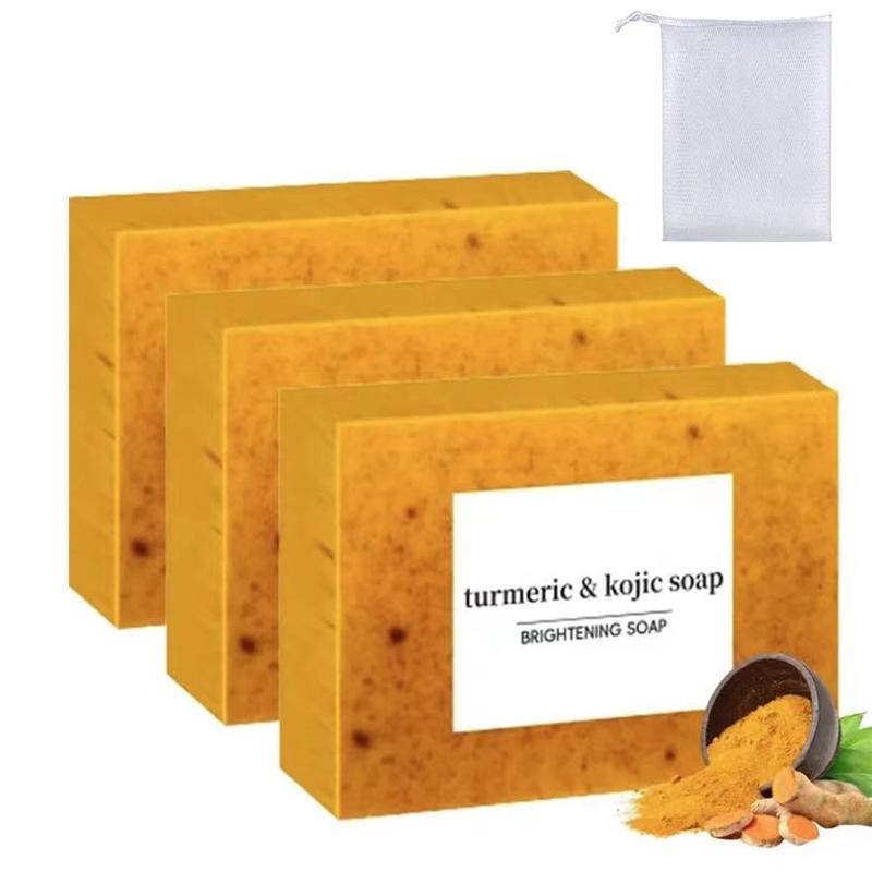 Comfort Turmeric Kojic Acid Soap with Foaming Net, 3 Counts set Hydrating Natural Handmade Cold Pressed Soap, Moisturizing Body Wash Soap for Women & Men