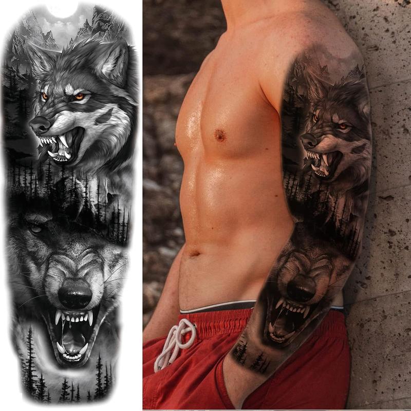 IN STOCKLion Wolf Temporary Tattoo Sleeve, Large Full Arm Animal Tribal Fake Tattoos Sleeve For Men Women Adult, Long Lasting Black Arm Temp Tatoo Sticker Leg Body Art Makeup, 4-Sheet