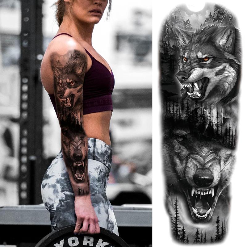 IN STOCKLion Wolf Temporary Tattoo Sleeve, Large Full Arm Animal Tribal Fake Tattoos Sleeve For Men Women Adult, Long Lasting Black Arm Temp Tatoo Sticker Leg Body Art Makeup, 4-Sheet