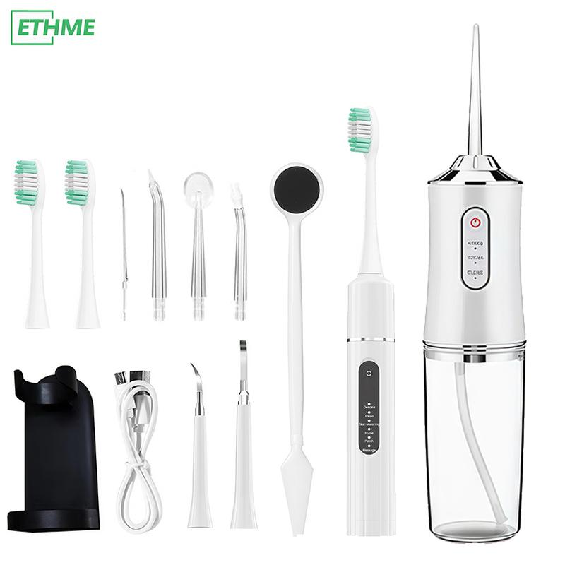 ETHME Water Flosser&Rechargeable Electric Toothbrush. 4-in-1 Oral Rinse, Mode 4 Jets Cordless.Deep Cleaning: High-Frequency Sonic Toothbrush with Dental Mirror, 5 Settings, Long Battery Life, Waterproof Design, and Convenient Charging Stand