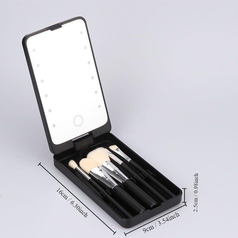 Portable Makeup Brush & Lighted Makeup Mirror Set, 6 Counts set Including 1 Count LED Compact Travel Makeup Mirror & 5 Counts Makeup Brushes, Makeup Tools Set for Women