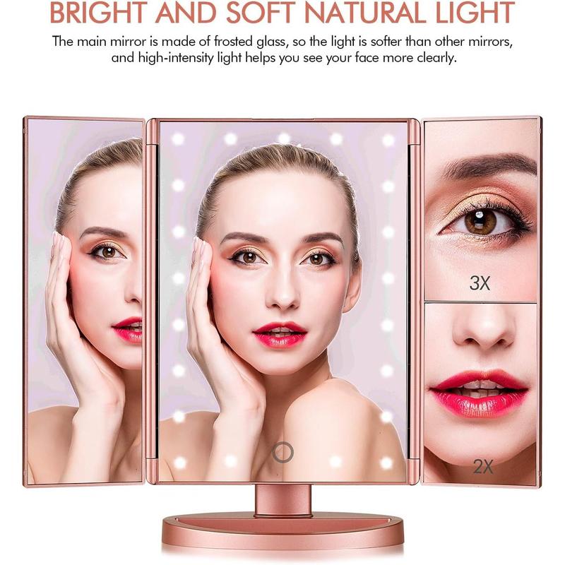 Tri-fold Lighted Vanity Makeup Mirror with 3x 2x Magnification,21 Light and Touch Screen,180 Degree Free Rotation Countertop Cosmetic Mirror,Travel