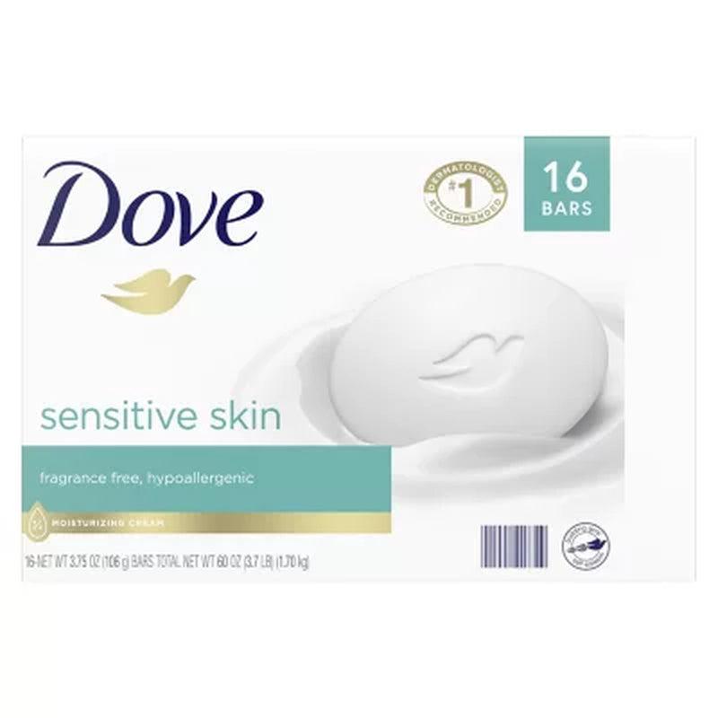 Dove Beauty Bar Soap for Sensitive Skin, Unscented, 16 Bars, 3.75 Oz.