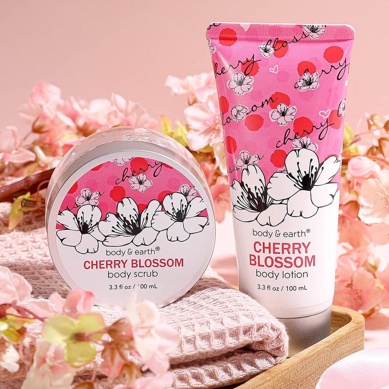 Cherry Blossom Scent Spa Gift Set for Women - 5 Piece Body Care Kit with Shower Gel, Scrub, Lotion, Soap & Rose Flower - Comfort