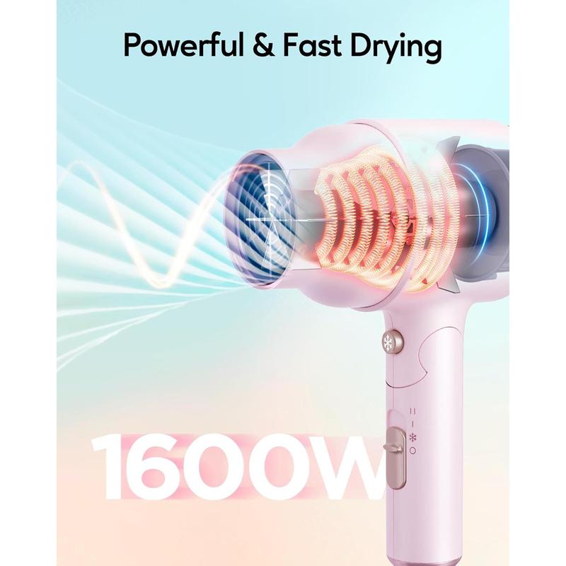 Wavytalk Blow Dryer with Diffuser, Mini Hair Dryer with Folding Handle, 1600W Quiet Lightweight Hairdryer with Diffuser Compact Design, Pinky White