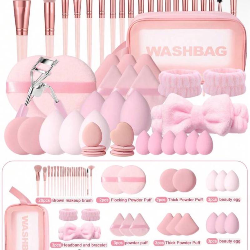 Ultimate Pink Makeup Kit with 20pcs Brush Sets, 6pcs Sponges, and Triangle Powder