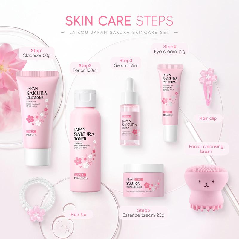 Sakura Skin Care Kit, 8 Counts set Moisturizing Facial Skincare Set, Including Facial Cleanser, Toner, Serum, Cream, Eye Cream, Face Brush, Hair Clip and Tie, Skin Care Gift Set, Christmas Gift