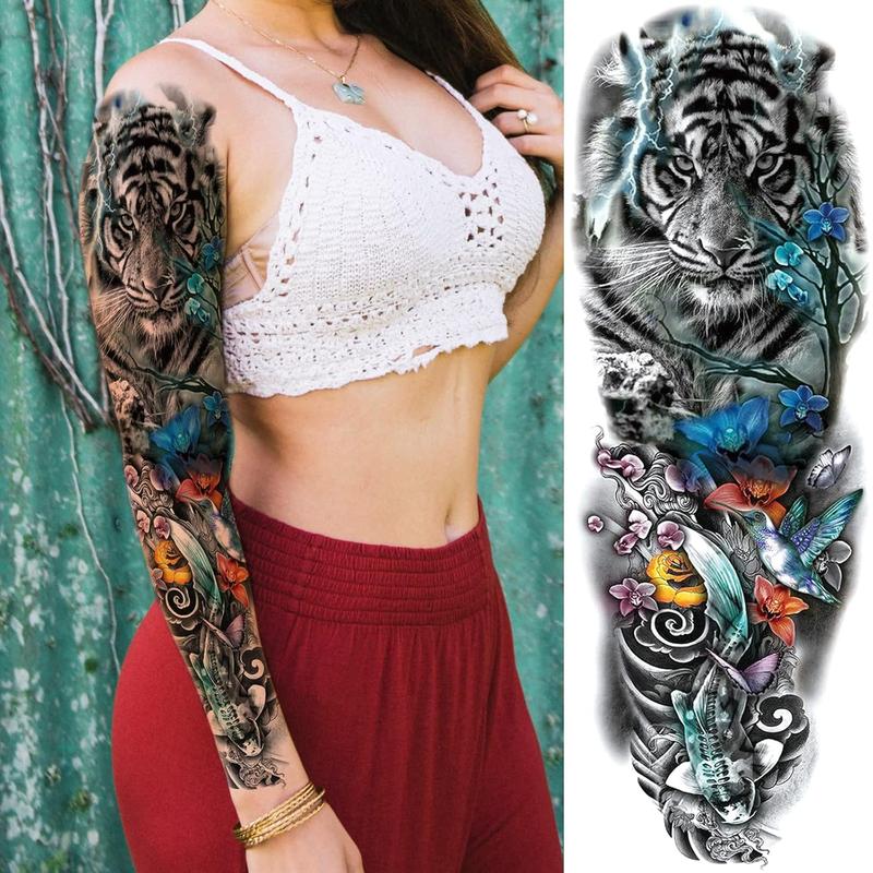 IN STOCKLion Wolf Temporary Tattoo Sleeve, Large Full Arm Animal Tribal Fake Tattoos Sleeve For Men Women Adult, Long Lasting Black Arm Temp Tatoo Sticker Leg Body Art Makeup, 4-Sheet