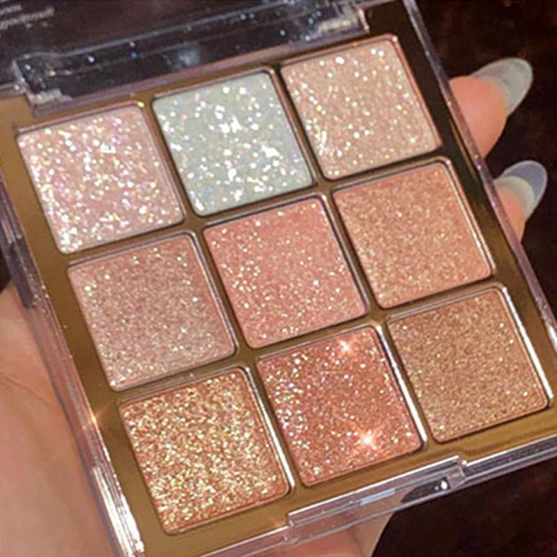 9 Colors Glitter Shimmer Eyeshadow Makeup Palette, Korean Natural Neutral Eye shadow Palettes Highly Pigmented Long Lasting Waterproof Blendable sombras para ojos Pink White Golden Brown #13